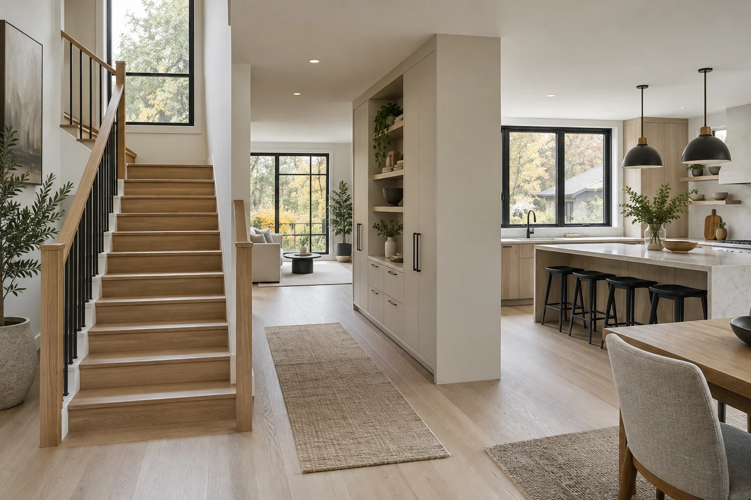 An illustrative renovated interior with oak stairs and a contemporary kitchen